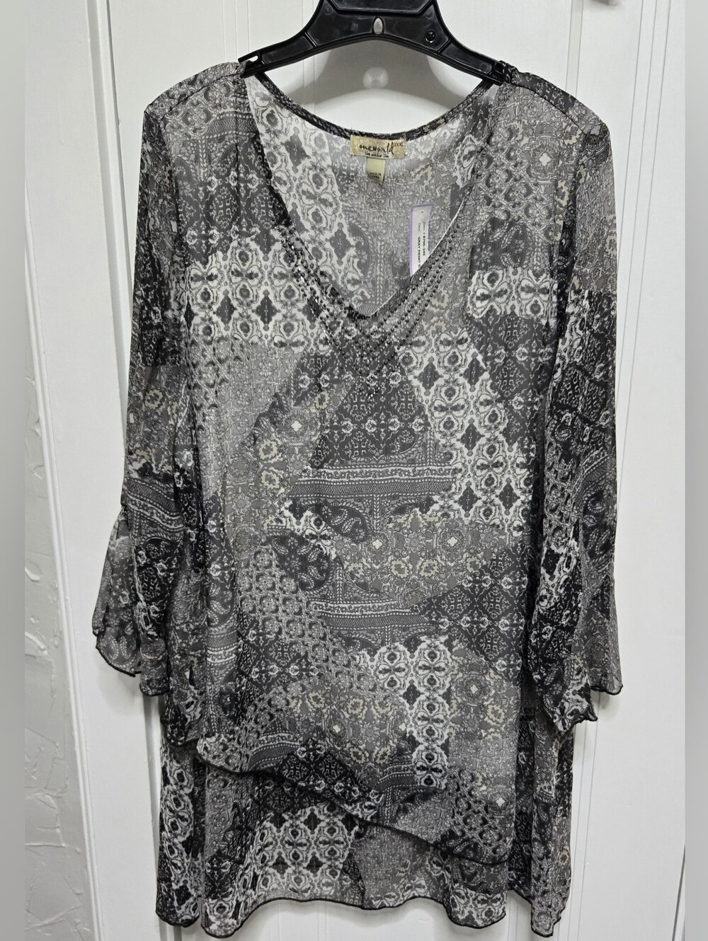 ONE WORLD Black & White Sheer Patterned V-Neck Tunic